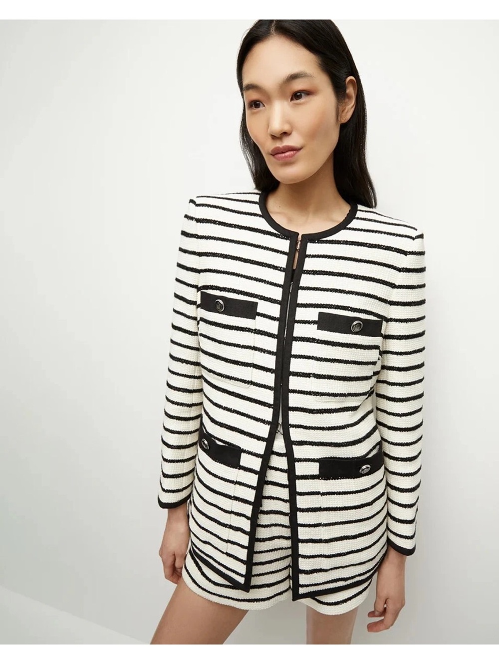 Veronica Beard Black‎ & White Striped Collarless Tweed Jacket